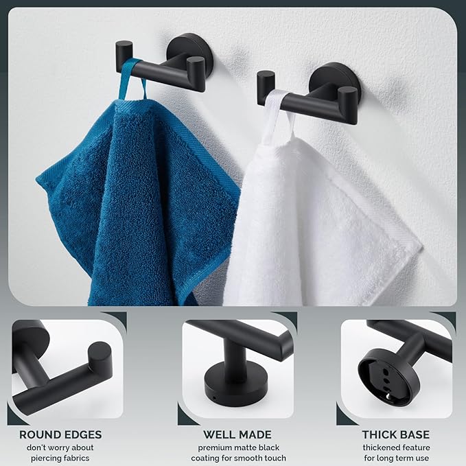 Angle Simple Double Towel Hook Matte Black 2 PCS, Stainless Steel Bathroom Robe Hook, Hand Towel Holder for Wall