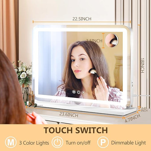 23" x 18" Vanity Mirror with Lights, Led Makeup Mirror, Lighted Makeup Mirror with 3 Color Dimmable Lights, Smart Touch Screen Control, Aluminum Metal Frame,USB Charging Port