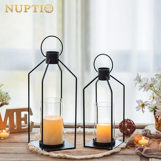 Nuptio Decorative Lantern Candle Holder: 2 Pcs Glass Hurricane Pillar Candles Holders Rustic Black Metal Hanging Lanterns Decor for Outdoor Wedding Farmhouse Home Fireplace Christmas Halloween
