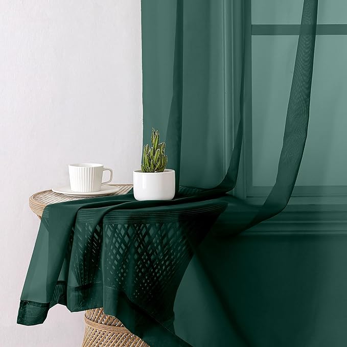 Aiyufeng Hunter Green Sheer Curtain Drapes 63 Inch Length 2 Panels for Living Room, Light Filtering Voile Green Drapes for Bedroom, Patio, Sliding Door, Each 40" W x 63" L
