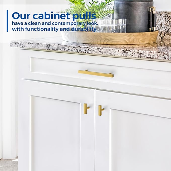 JOY DECOR 10 Pack Single Hole Brushed Brass Square Cabinet Handles Stainless Steel Cabinet Hardware Pulls for Kitchen and Drawers with 2 Inch Overall Length