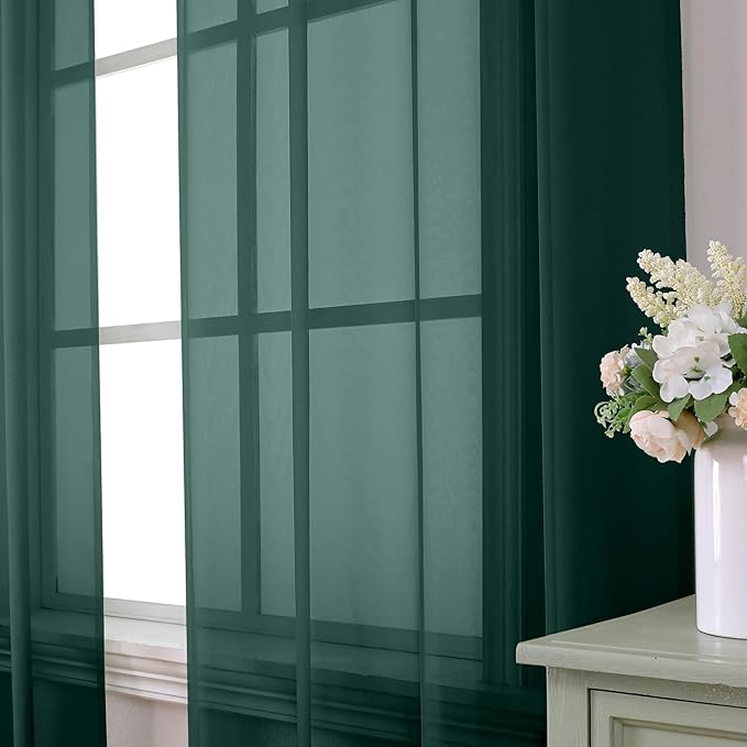 Aiyufeng Hunter Green Sheer Curtain Drapes 54 Inch Length 2 Panels for Living Room, Light Filtering Voile Green Drapes for Bedroom, Patio, Sliding Door, Each 42" W x 54" L