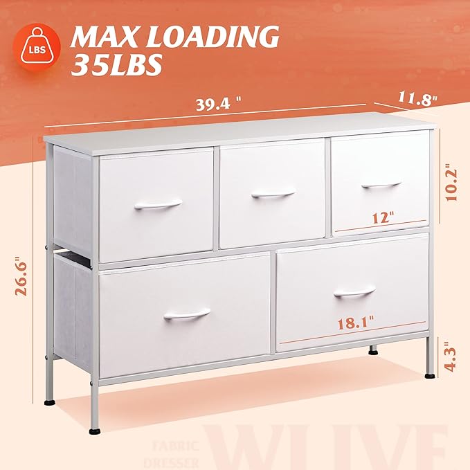WLIVE White Dresser for Bedroom with 5 Drawers, Chest of Drawers, Fabric Small Dresser with Drawer Organizers, Storage Organizer Unit for Hallway, Entryway, Closets