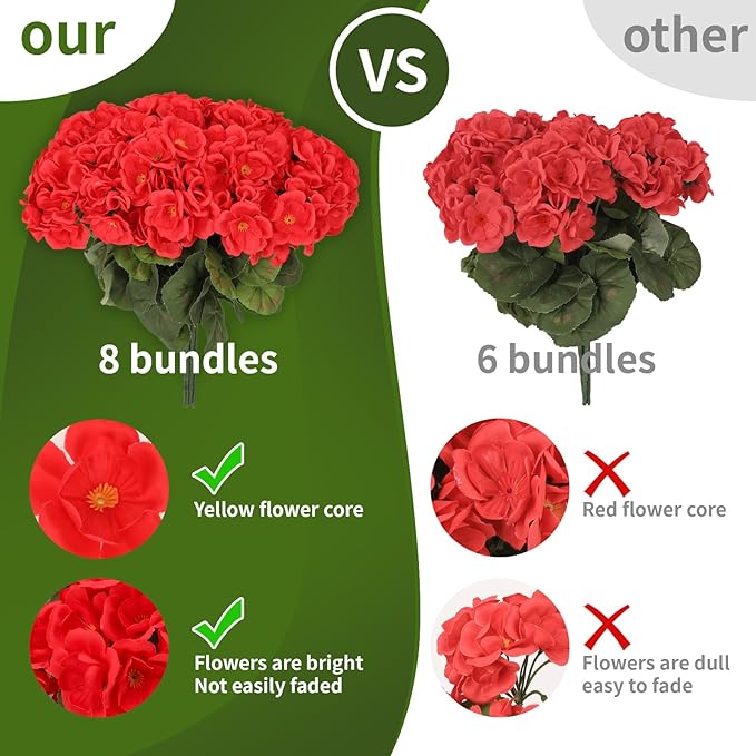 NESCCI 8 Pack Artificial Geranium Flowers for Outdoors UV Resistant Artificial Flowers Silk Geranium Fake Flowers Faux Flower for Outdoor Planters Garden Plants Window Sill Courtyard Home Decor(Red)