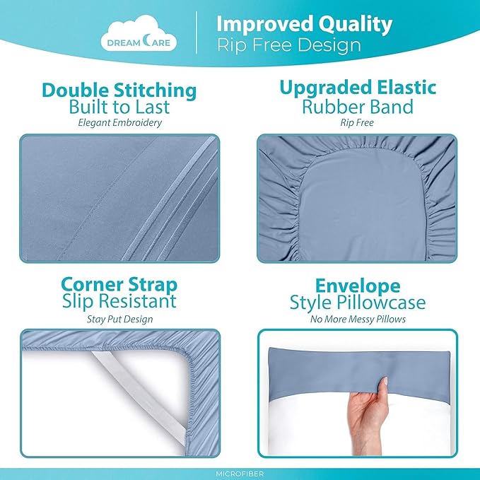 DREAMCARE Twin Sheets - 3pcs Cooling Sheets up to 21' Extra Deep Pocket Twin Bed Sheets - Twin Sheet Set - Soft & Long Lasting 100% Fine Brushed Polyester with Side Pocket - L Blue