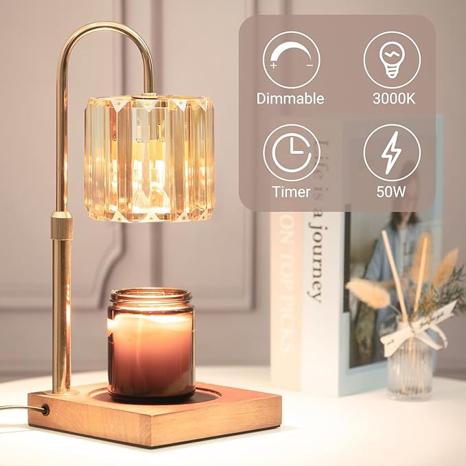 Candle Warmer Lamp with Timer, Dimmable Electric Candle Wamer Adjustable Height, Glass Modern Candle Melter Lamp, Amber, Gifts for Women Mom