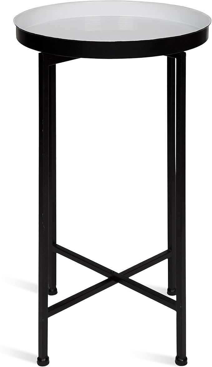 Kate and Laurel Celia Round Foldable Tray Accent Table, 14" x 14" x 25.75", White and Black, Modern Minimalist Design and Detachable Magnetic Tabletop