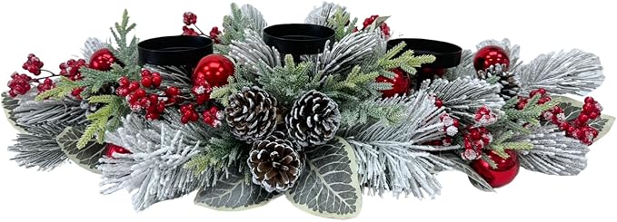 Christmas Candle Holder 3 Candle Holders Xmas Table Centerpiece with Snow Flocked Pine Branches,Pinecones, Red Berries