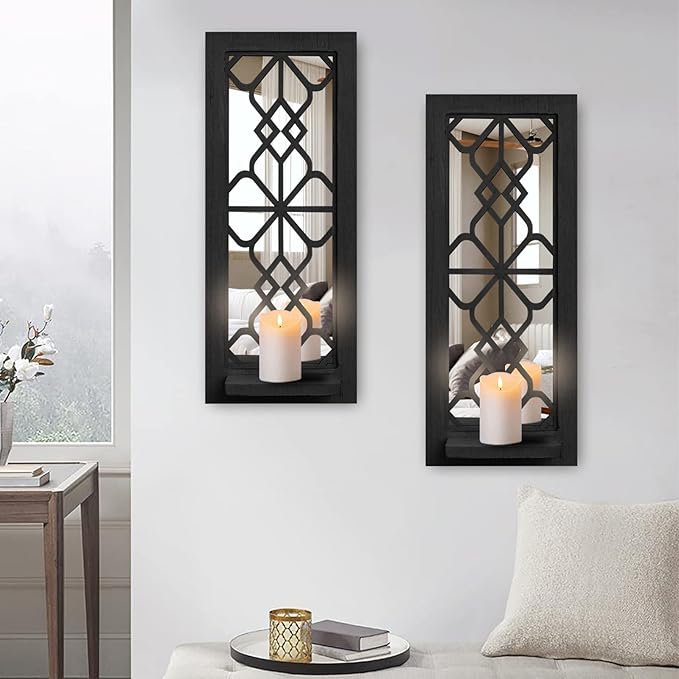 Wood Wall Sconce Candle Holder Set 2, Rustic Candle Sconces, Farmhouse Hanging Wall Décor, Carved Wood Frame, Mirrored Wall Accent