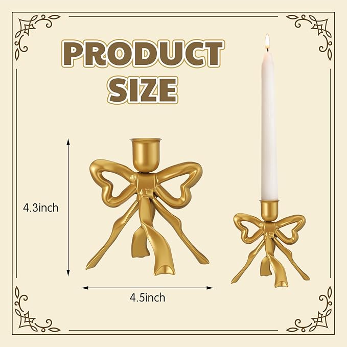 Mumufy 4 Pcs Gold Bow Taper Candle Holder Vintage Metal Candle Stick Holders Antique Brass Decorative Candlestick for Wedding Christmas Home Table Decor, 4.5" W x 4.3" H