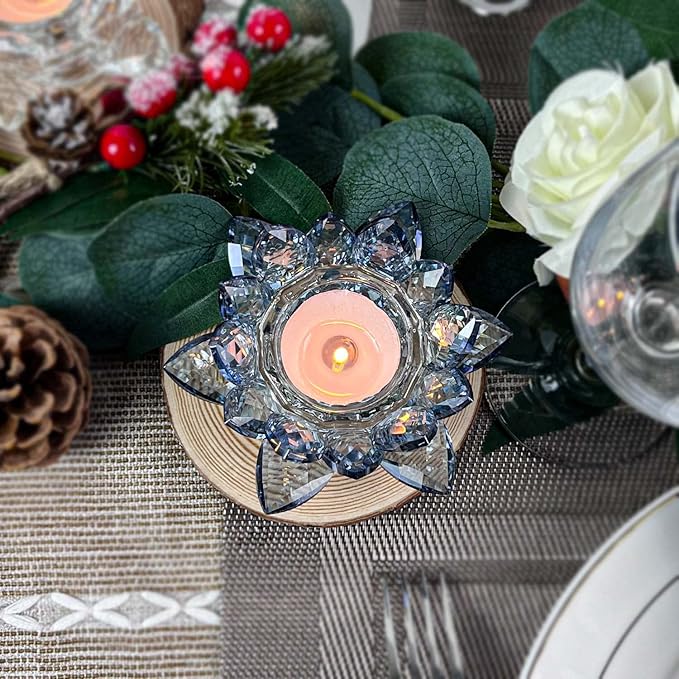 Crystal Lotus Flower Tealight Candle Holders/Glass Tea Light Candlestick Decor Decoration for Christmas Home Wedding Party… (Blue 1pc)