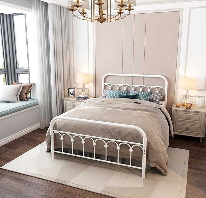YALAXON Vintage Sturdy Full Size Metal Bed Frame with Headboard and Footboard Basic Bed Frame No Box Spring Needed (Full,White)
