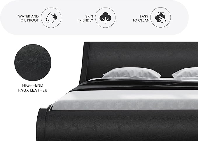 SHA CERLIN Modern Low Profile Platform Bed Frame Queen Size, Stylish Faux Leather Upholstered Sleigh Bed with Adjustable Headboard, No Box Spring Needed, Glossy Black