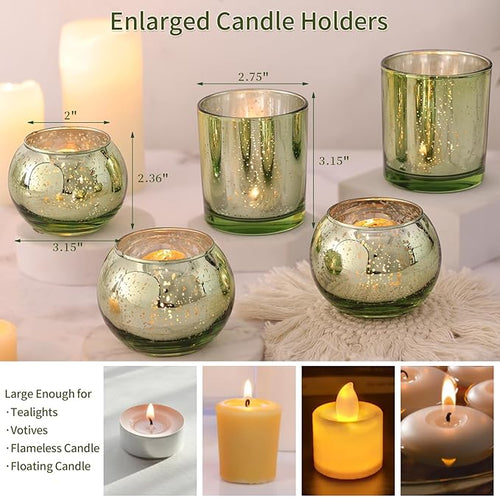 20 Pcs Assorted Green Votive Candle Holders, Larger Size Mercury Glass Candle Holder Bulk, Glass Votive Holder for Wedding, Tea Candle Holders for Christmas Decor, Sage Green Centerpieces for Table