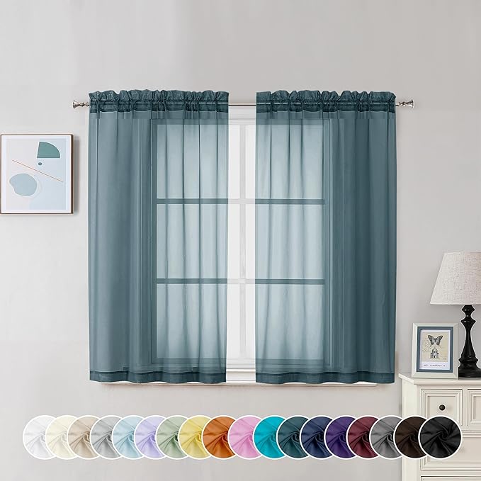 Chyhomenyc Stone Blue Sheer Curtains 45 Inch Long 2 Panels, Light Filtering Rod Pocket Voile Short Curtains Drapes for Living Room Bedroom Small Windows, 42Wx45L Inches