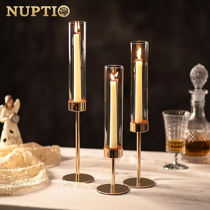NUPTIO Candle Stick Holder for Wedding: 18 Pcs Tall Hurricane Gold Candles Holder with Clear Glass Chimney Cover - Tapered Candlestick Decor Bulk for Party Centerpiece