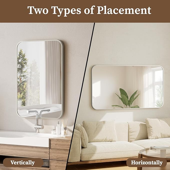 BEAUTYPEAK Wall Mounted Bathroom Mirror - 26" x 38" Silver Rectangular Aluminum Alloy Frame Mirror with Rounded Corners