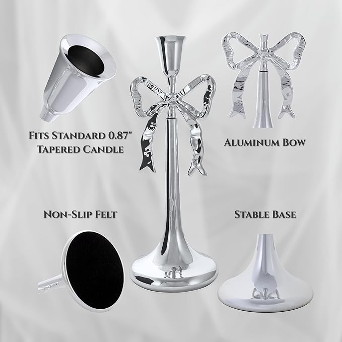 Iris Bow Candle Holders Set of 3, Silver Taper Candlestick Holders, Vintage Decor Perfect for Home Décor Accents, Centerpiece Dining Table Wedding Decor Fireplace Mantel or Housewarming Gift