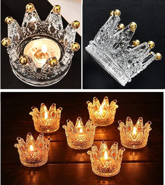 Vixdonos Crown Glass Tealight Candle Holder Set of 12 Votive Candle Holders for Wedding, Party and Home Decor (Gold Tips)