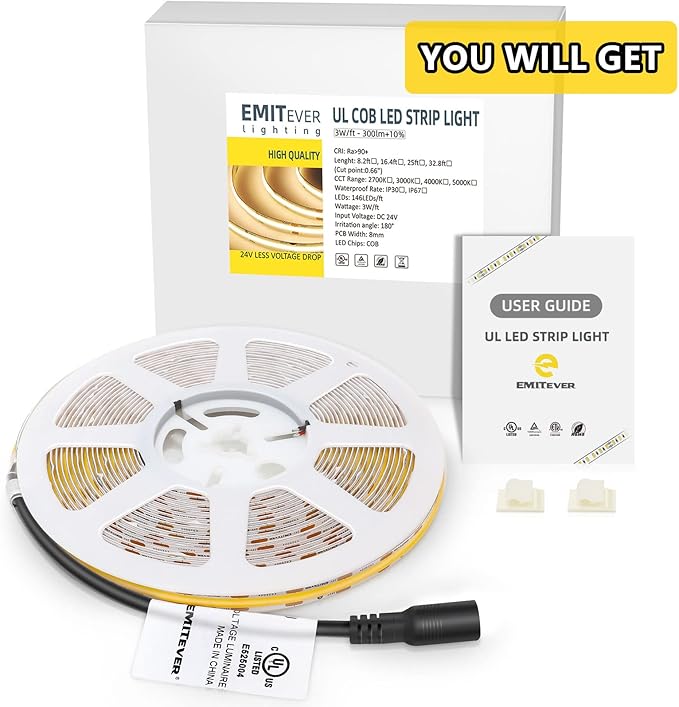 EMITEVER COB LED Strip Lights Warm White, 3000K Tape Light 16.4FT Premium High Density, DC 24V, 300+Lumens/ft,2400LEDs/Spool, Ra 90+, 3W/ft, UL Listed 5 Year Warranty (Power Supply Sold Separately)