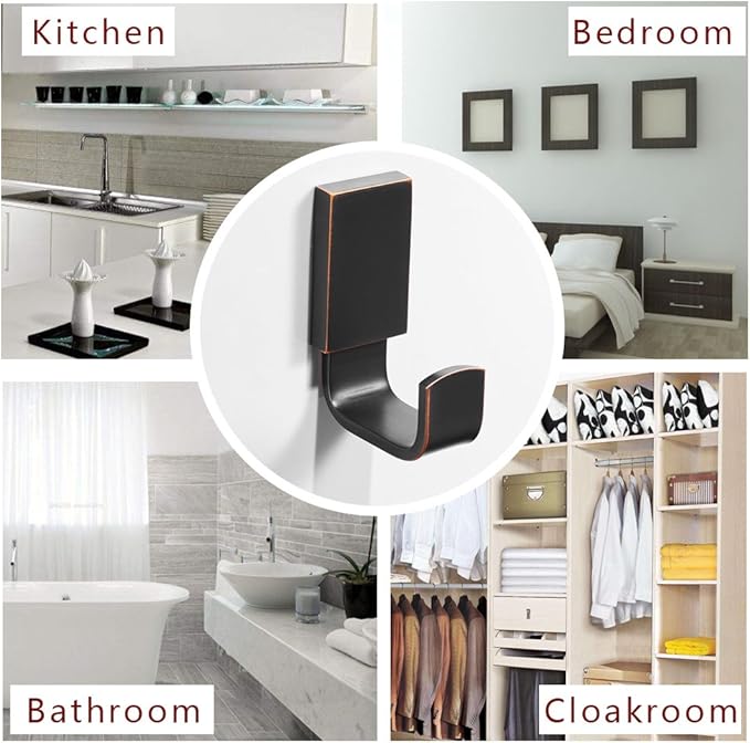 BESy Brass Clothes Hook Single Towel Hook for Bathroom Kitchen Garage Square Style Robe Hooks Coat and Hat Hook, Self Adhesive with Glue or Wall Mounted with Screws, Oil Rubbed Bronze