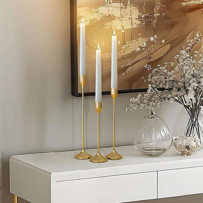 Brass Gold Metal Taper Candle Holder, Vintage Candlestick Holders, Candle Sticks Holder Decor for Wedding Wedding, Dinning, Party, Fits 3/4 inch Thick Candle&Led Candles (Set of 3 Pcs)
