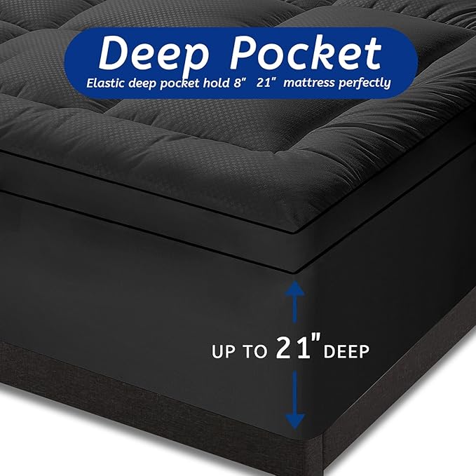 Twin Size Mattress Topper for Back Pain, Cooling Extra Thick Mattress Pad Cover with 8-21 inch Deep Pocket, Plush Pillow Top Mattress Topper Overfilled with Down Alternative, Twin Size, Black