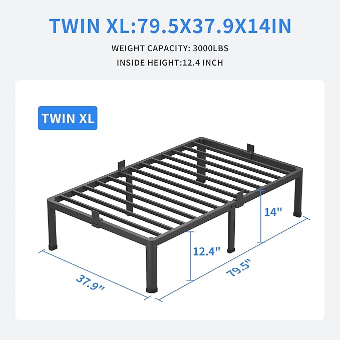 MAF 14 Inch Twin XL Metal Platform Bed Frames with Round Corner Legs, 3000 LBS Heavy Duty Steel Slats Support, Noise Free, No Box Spring Needed, Easy Assembly
