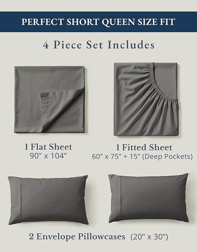 LANE LINEN RV Queen Sheets Set - 100% Organic Cotton Camper Sheet Sets 15" Deep Pocket Fitted (Short Charcoal)