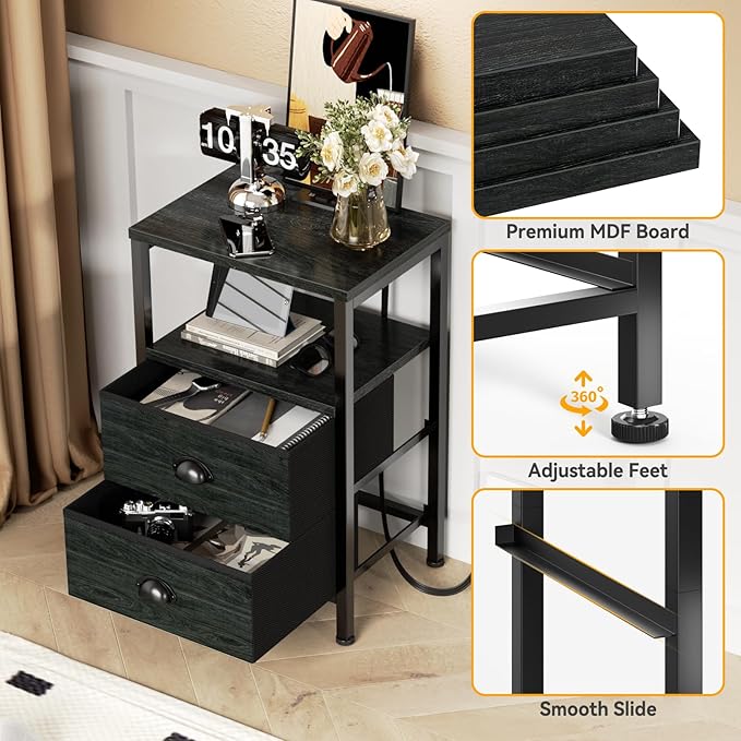 Furologee Nightstands Set of 2, End Tables with Charging Station and LED Lights, Black Night Stands with 2 Fabric Drawers, Bedside Tables Set of 2 for Living Room/Bedroom,Black Oak