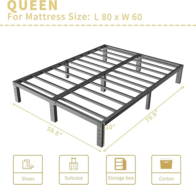 ALDRICH 10 Inch Metal Bed Frame Queen Size - Double Black Basic Steel Slats Platform, Easy Assembly Heavy Duty Noise Free Bedframes, No Box Spring Needed