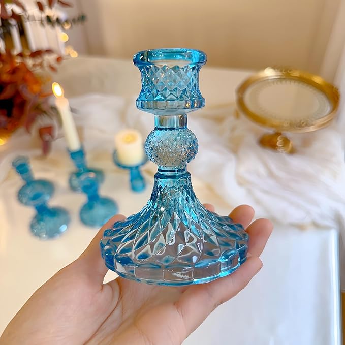 Glass Candlestick Holder,Striped Taper Candle Holders,Set of 6 Candle Stand for Table Centerpieces, Home Decor,Weddings,Festival and Parties (Bule Dimond)