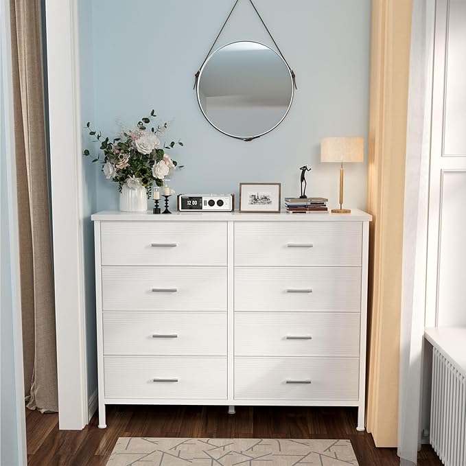 BOLUO White Dresser for Bedroom 8 Drawer,Wide Dresser TV Stand for 50" TV Dressers & Chests of Drawers Fabric Dresser for Closet Modern
