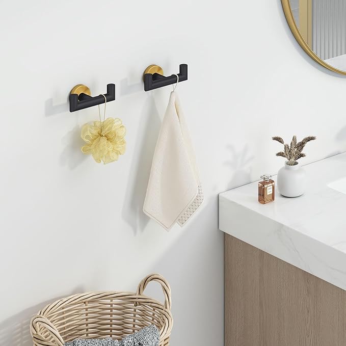 Angle Simple Towel Double Hook Black & Gold, 2 PCS Stainless Steel Bathroom Towel Holder, Dual Robe Coat Hook for Wall