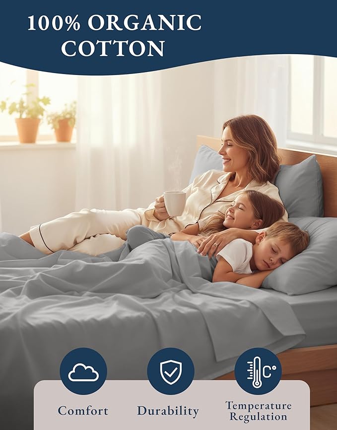 LANE LINEN 100% Organic Cotton Eco Friendly Full Size Sheet & Pillowcase Sets, 15" Deep Pocket Fully Elasticized Soft & Comfy Percale Bedding, Naturally Temperature Regulating Sheets Full- Silver