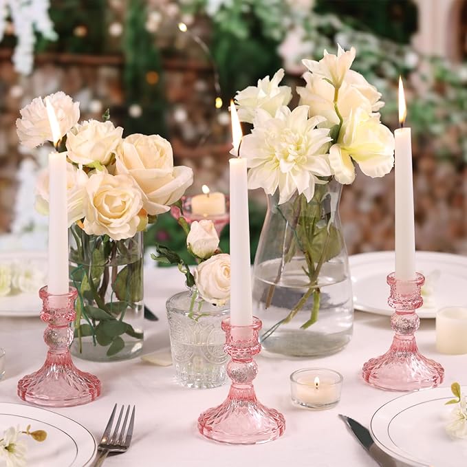 Glass Candle Holder Set of 12, Pink Taper Candle Holders Bulk, Vintage Candlestick Holders, Candle Stick Holder for Table Centerpieces, Wedding & Mother's Day