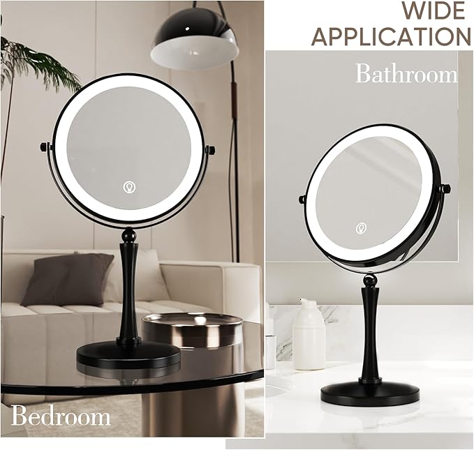 Nicesail 8” Desk Mirror with Light Dimmable 3 Colors Lighting, Magnifying Mirror with Lights and 1X/7X Magnification Makeup Vanity Mirror with Lights, Makeup Mirror for Home Hotel Desktop, Black 7X