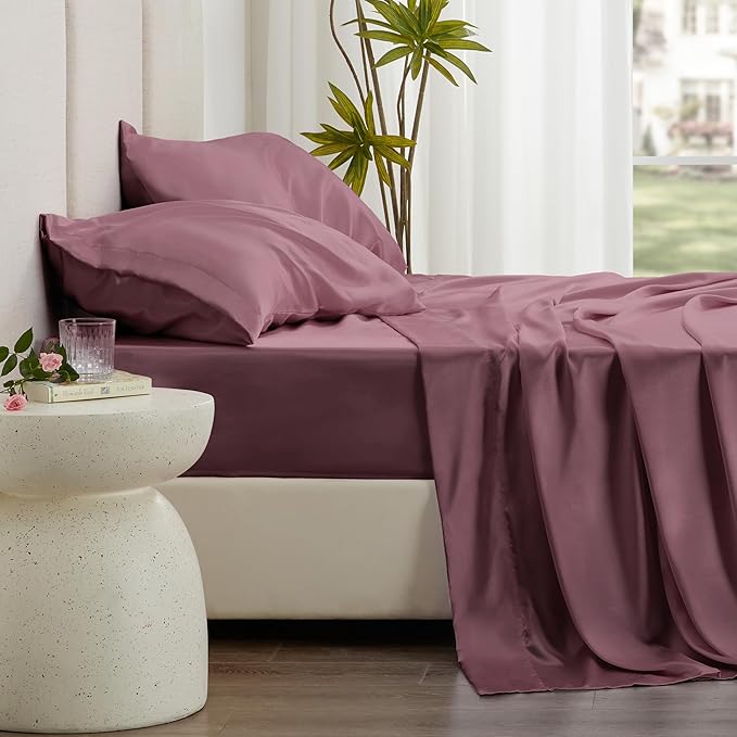 Love's cabin Full Size Satin Sheet Sets - 4 Piece Rose Taupe Silky Sheet Set Full with Deep Pocket, Luxury Silk Feel Bed Sheets Full Bedding Set (1 Flat Sheet,1 Fitted Sheet,2 Pillow Cases)