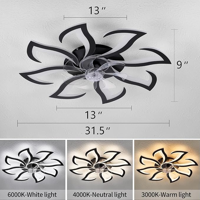 Modern Ceiling Fan with Lights Remote Control, 32" Black 6 Speeds 3 Light Color Low Profile Flush Mount Ceiling Fan for Kitchen Bedroom