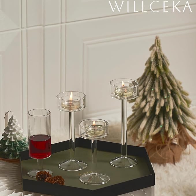 Tealight Candle Holder, Glass Candle Holder, Clear Wedding Hurricane Tall Elegant Ideal for Dining Party Home Decor Party Table Settings Gifts, 6 Pcs