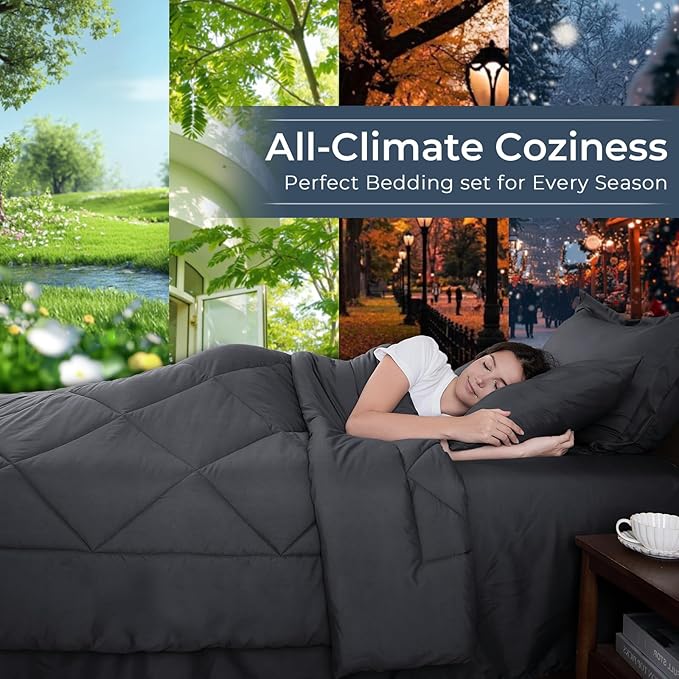 HEVUMYI 120x98 Oversized King Comforter Set Dark Grey- 7-Piece All Season Bed in a Bag Oversized King, Soft Bedding Set with Comforter, Flat Sheet, Deep Pocket Fitted Sheet, Pillowcases, Pillow Shams