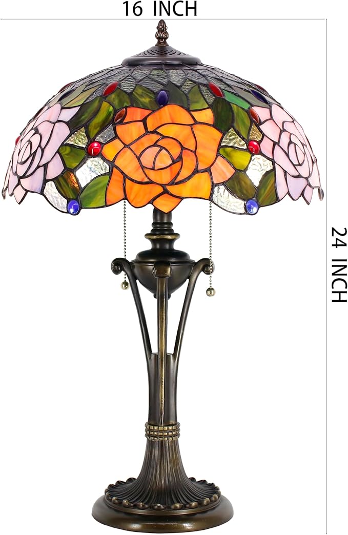 Tiffany Table Lamp Orange Purple Stained Glass Desk Lamp 16X16X24 Inches Rose Flower Style Reading Light