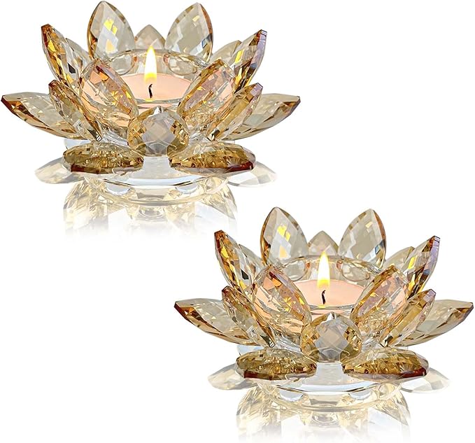 Crystal Lotus Flower Tealight Candle Holders/Glass Tea Light Candlestick Decor Decoration for Christmas Home Wedding Party… (1, Gold 2pcs)