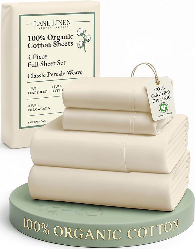 LANE LINEN 100% Organic Cotton Full Sheets Set, 4-Piece Pure Organic Cotton Percale Sheets, Long Staple Cotton Sheet, Ultra Soft Bedding Sheet, Breathable,Fits Mattress Upto 15" Deep - Natural