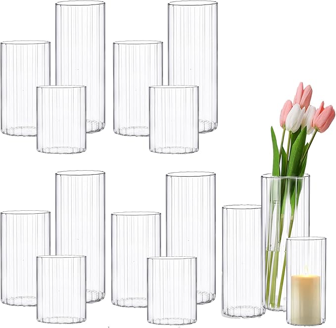 yshengood 12 Pcs Ribbed Hurricane Glass Candle Holders Glass Cylinder Candle Holder for Pillar Candle Floating Candle Holder