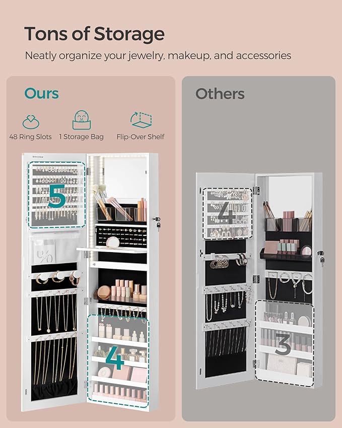 SONGMICS 55 Inches Tall Spacious Jewelry Cabinet, Jewelry Armoire with Light-Up Interior Mirror, Wall or Door Mounted Jewelry Storage Organizer, Lockable, Gift Idea, Cloud White UJJC032W01