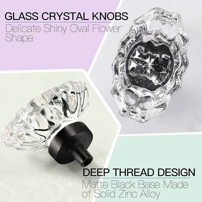 10pcs Glass Cabinet Knobs - Oval Crystal Drawer Pulls, Vintage Clear Knobs for Cabinets, Drawers, Dresser, Cupboard, Wardrobe - Modern