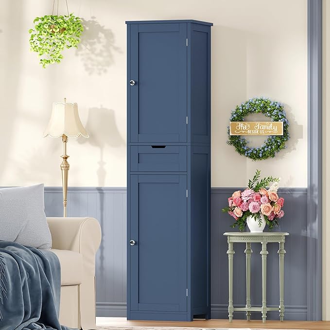 Iwell 67" Tall Bathroom Cabinet, Storage Cabinet with 2 Doors & 1 Drawer, Bathroom Storage Cabinets with Adjustable Shelves, for Living Room, Laundry Room, Home Office, Blue