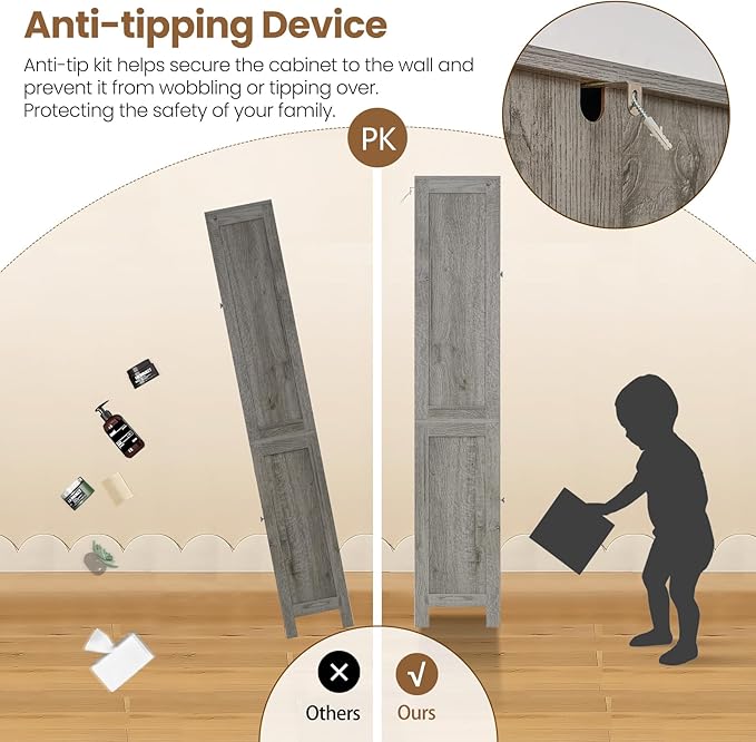 Iwell 67" Tall Bathroom Cabinet with Adjustable Shelves & 1 Drawer, Storage Cabinet with 2 Doors, Narrow Tall Cabinet, Floor Cabinet for Bathroom, Living Room, Home Office, Grey