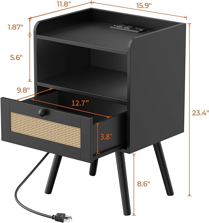 SUPERJARE Nightstands with Charging Station, Bedside Table Set of 2 with PE Rattan Drawers, Rattan Side Table with Storage & Solid Wood Feet, End Table for Bedroom, Black